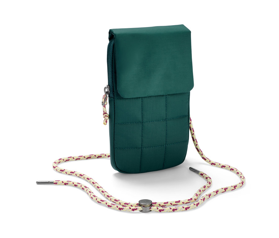 Koyu yeşil, askılı, yalıtımlı akıllı telefon çantası.