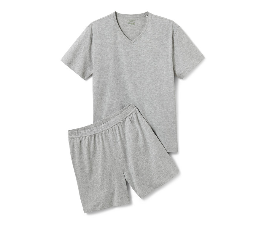 Kısa kollu üst ve şorttan oluşan gri şortlu pijama takımı.