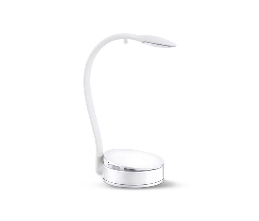 Kavisli tasarıma sahip beyaz LED okuma lambası.