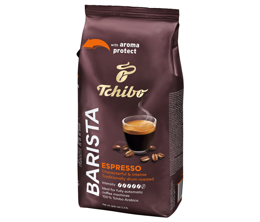 Bir paket Barista Espresso, bir fincan espresso ve kahve çekirdekleri ile birlikte.