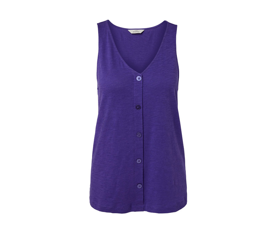 Düğmeli, mor modal karışımlı bluz.