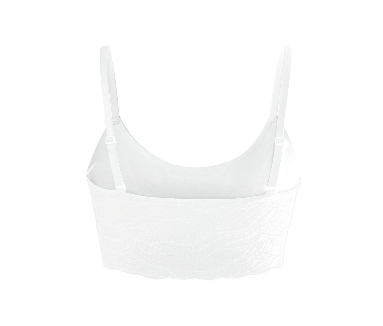 Beyaz dantelli dikişsiz bir büstiyerin yakın çekimi.