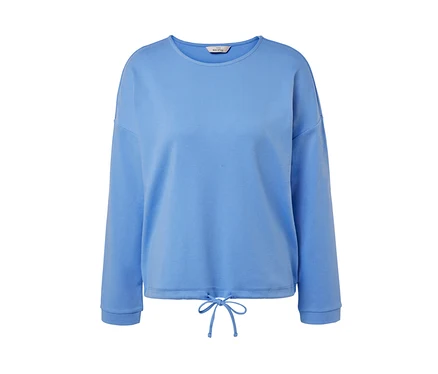 Etek ucunda büzgüsü olan, uzun kollu, açık mavi bir sweatshirt.