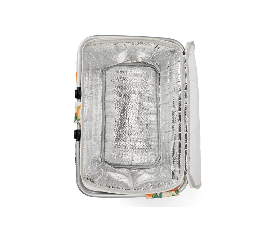 Alüminyum iç astarlı açık bir soğutucu sepetin yukarıdan görünümü.