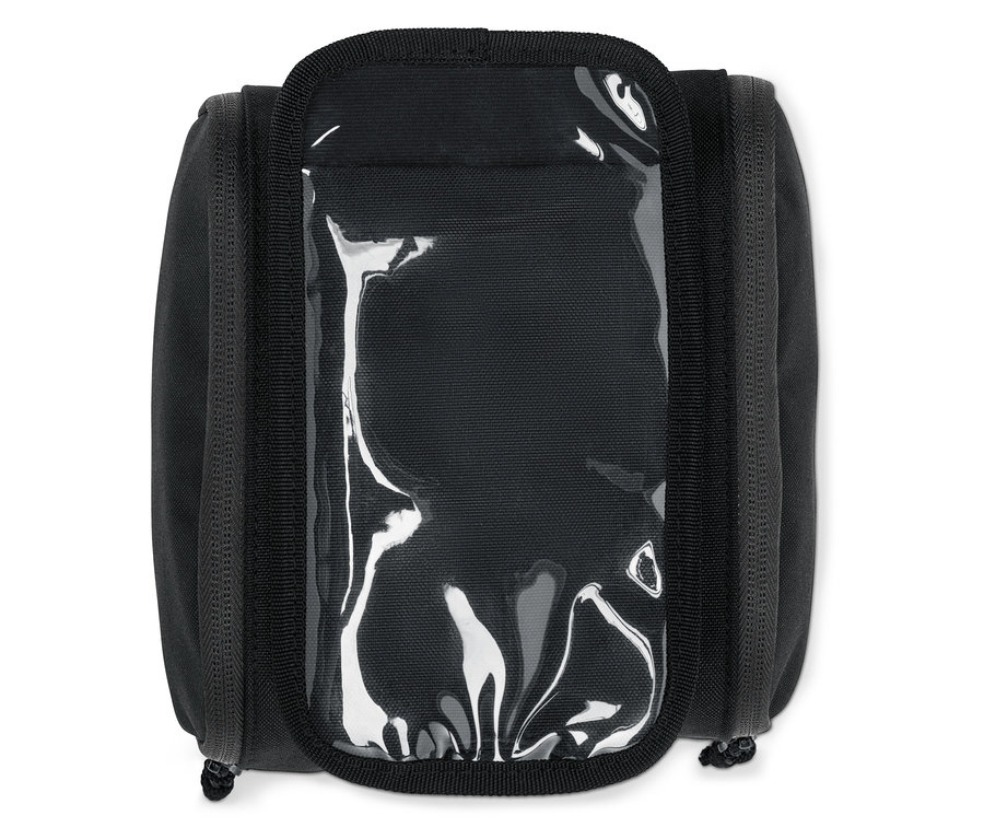 Ortasında şeffaf pencere bulunan siyah tuvalet çantası.