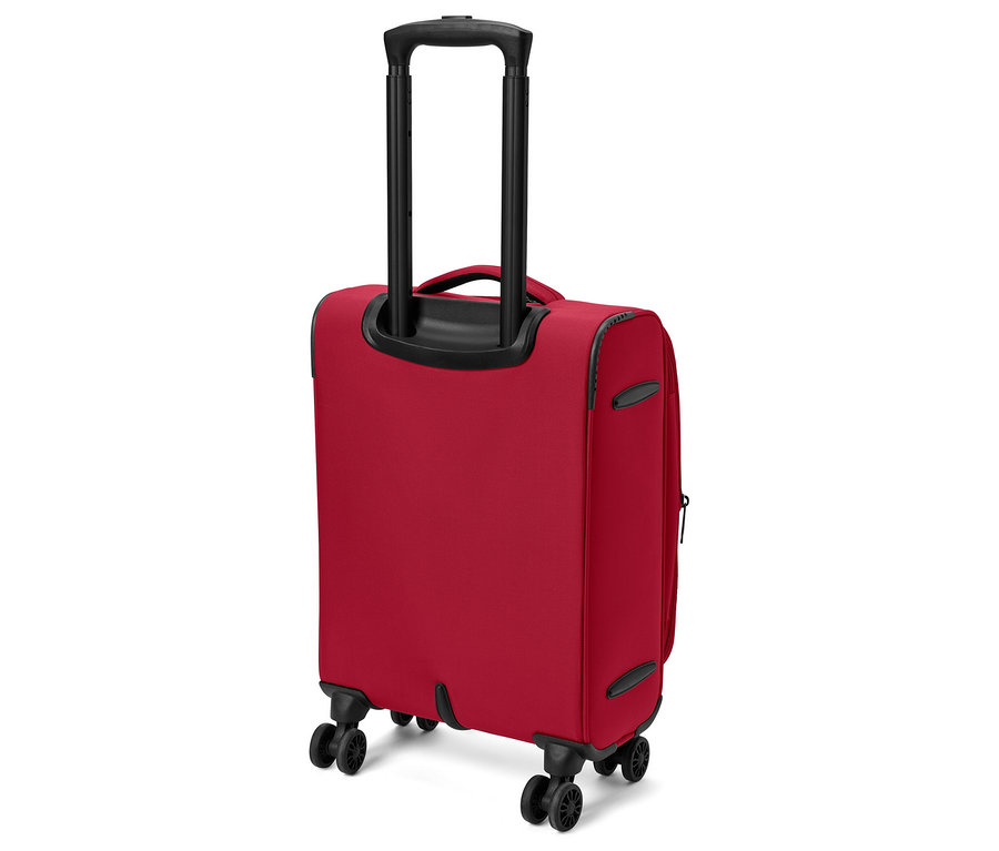 Siyah sapı ve tekerlekleri olan kırmızı tekerlekli bavul.