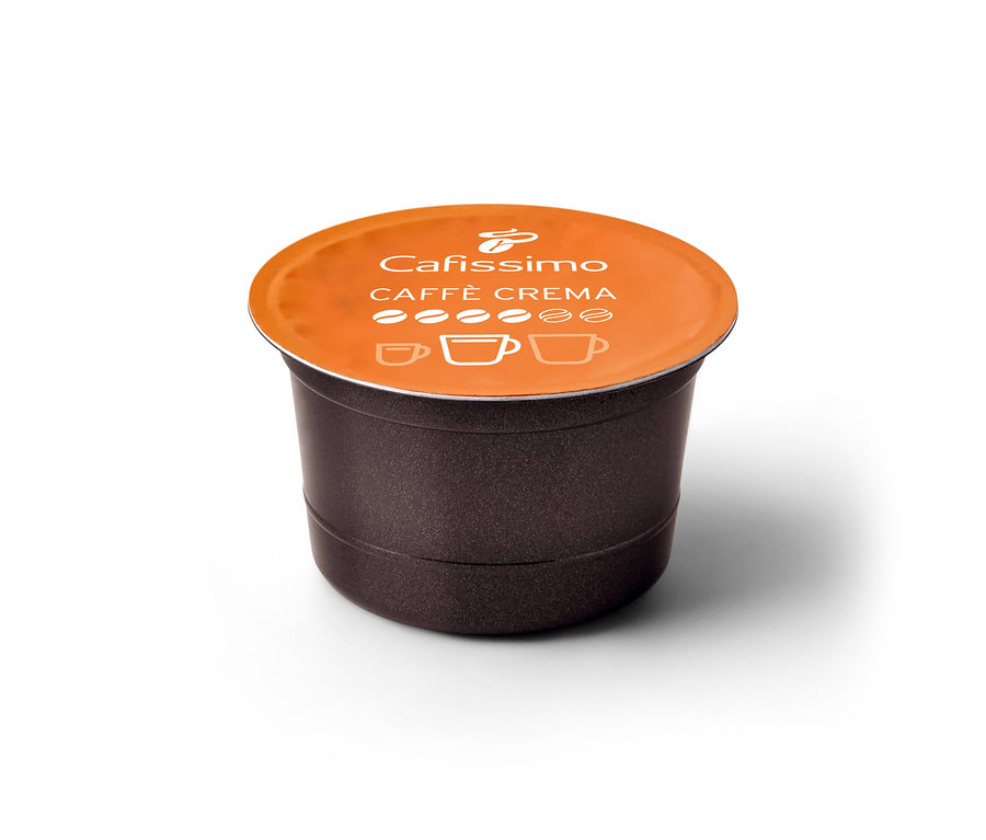 Koyu kahverengi Cafissimo Caffè Crema Rich Aroma kapsülü, üzerinde kahve çekirdekleri ve fincan sembolleri olan turuncu kapaklı.