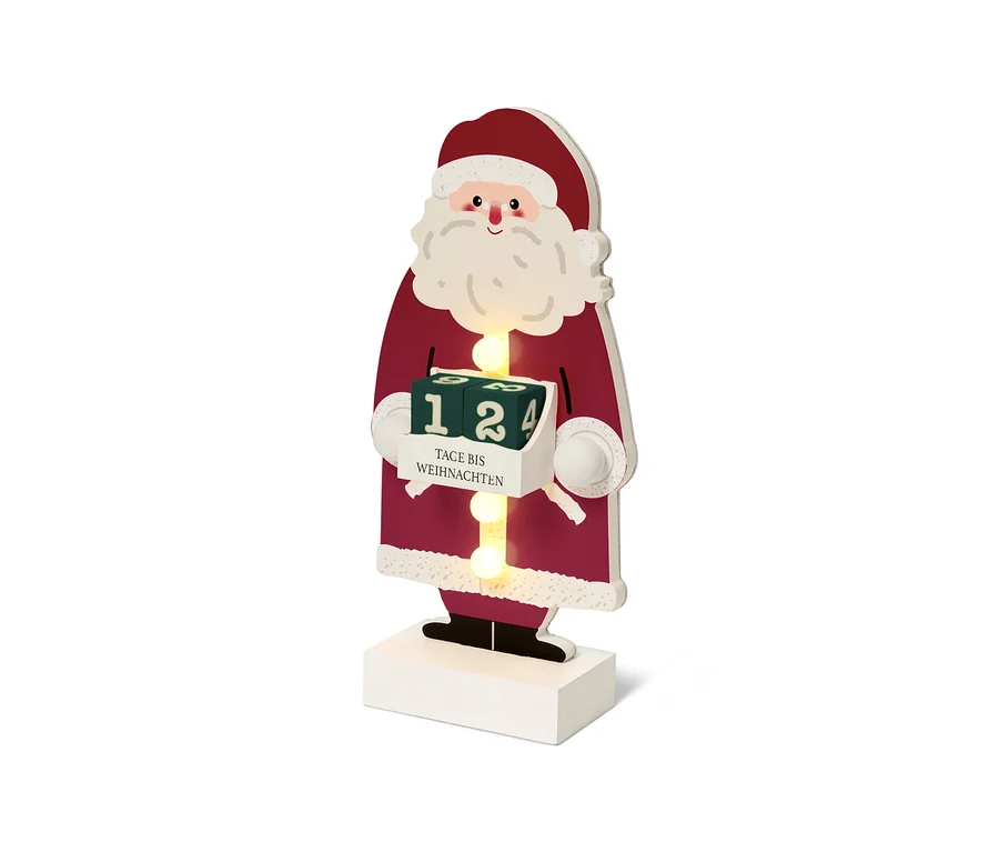 Advent takvimi olan ahşap Noel Baba figürü.
