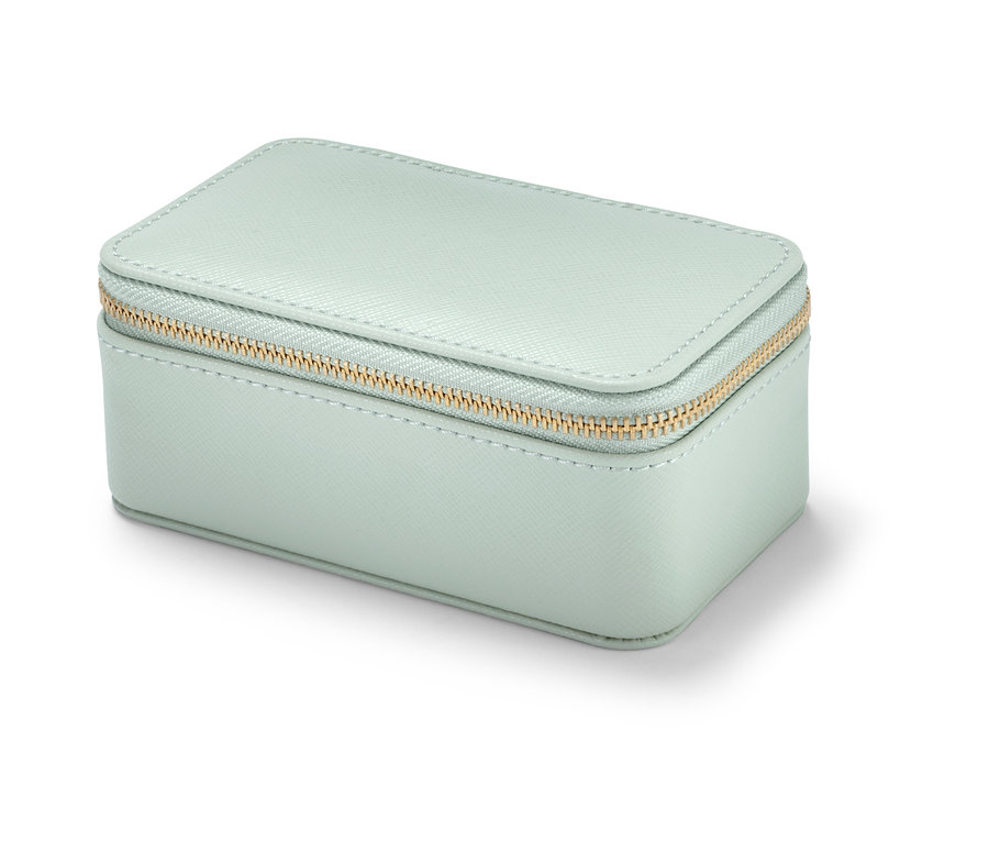 Açık yeşil renkli, altın fermuarlı küçük bir takı kutusu.