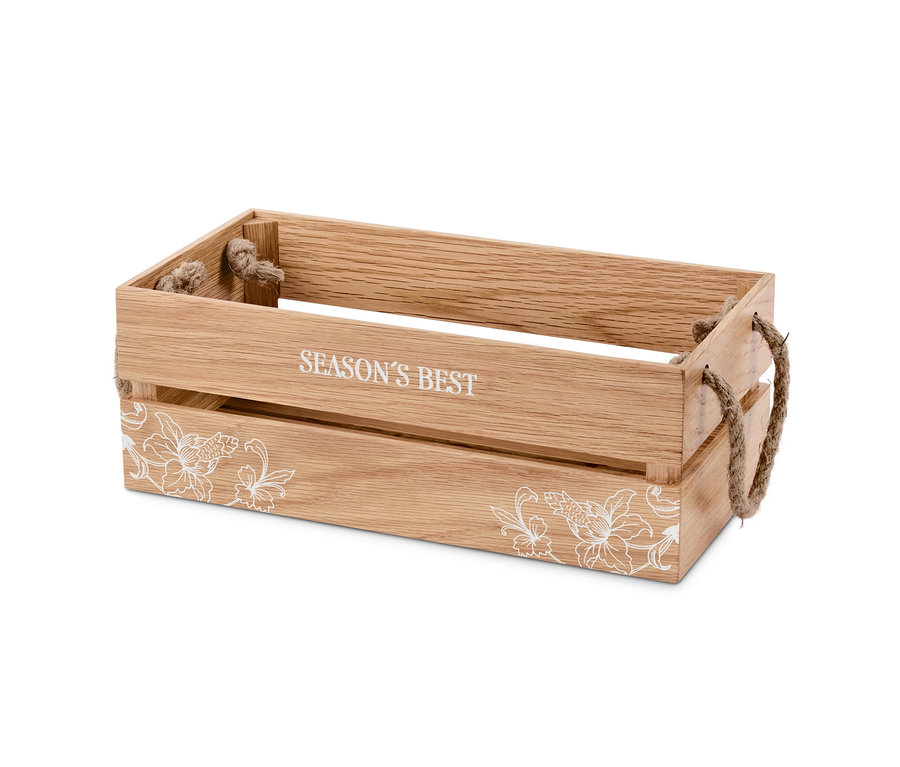 "SEASON'S BEST" yazılı ve beyaz çiçek desenli dekoratif ahşap kasa.