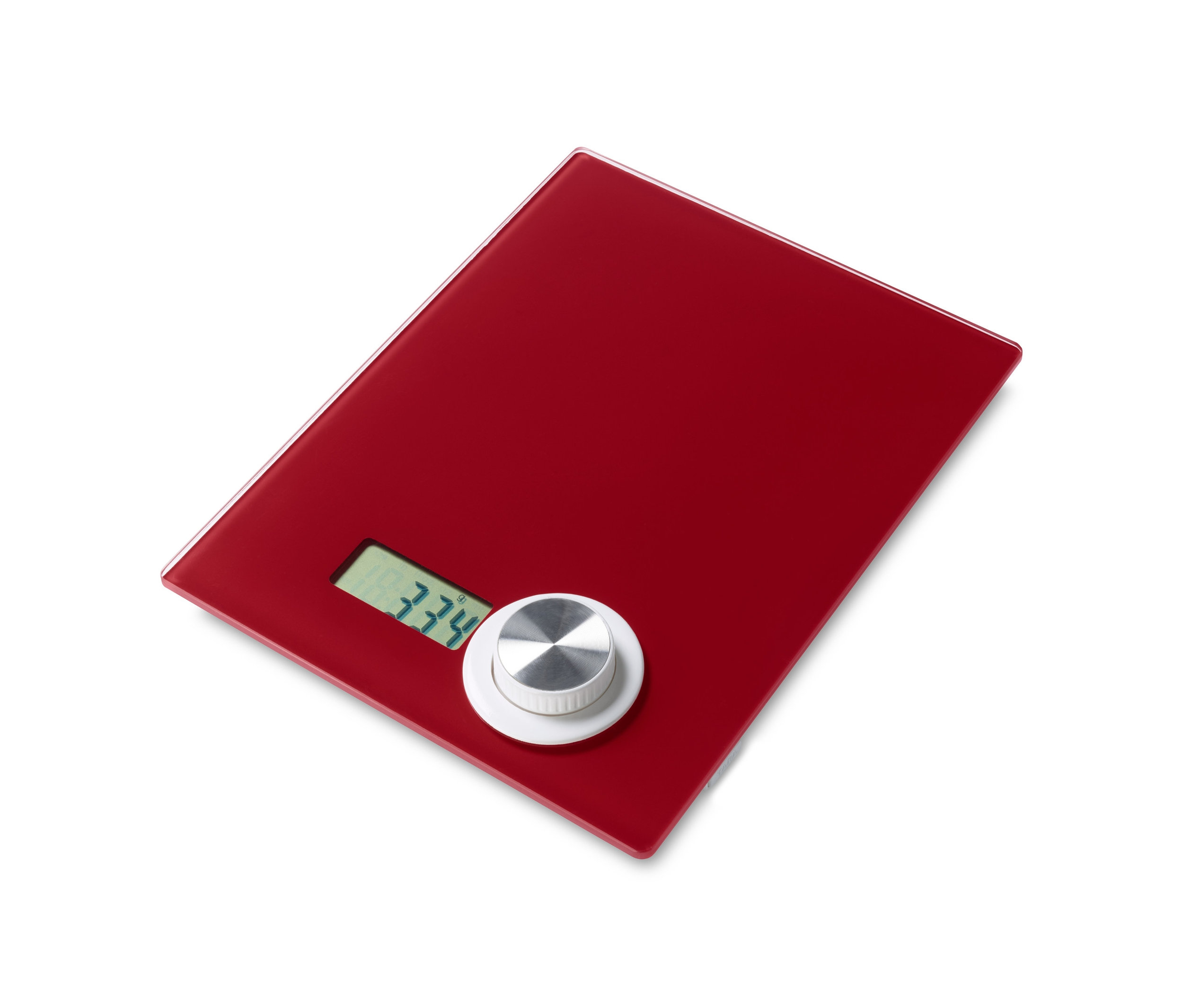 Kırmızı dijital mutfak tartısı 334 g gösteriyor.