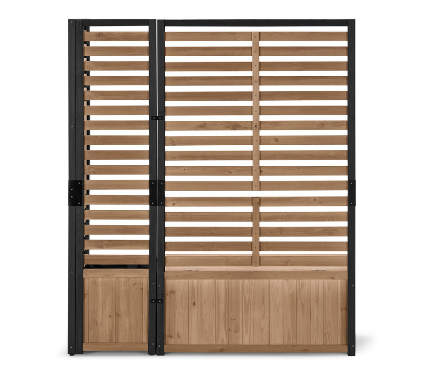 Yatay ahşap lamelli ve siyah çerçeveli iki adet Saksılı Paravan Modülü »Elin«.