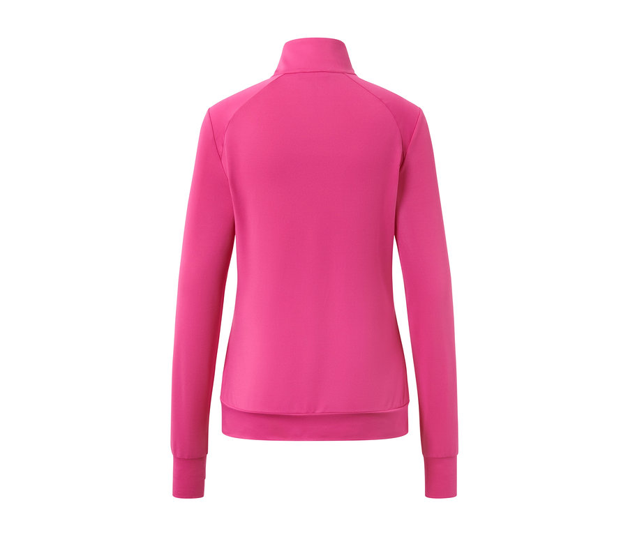 Fuşya rengi fonksiyonel ceketin arka görünümü.