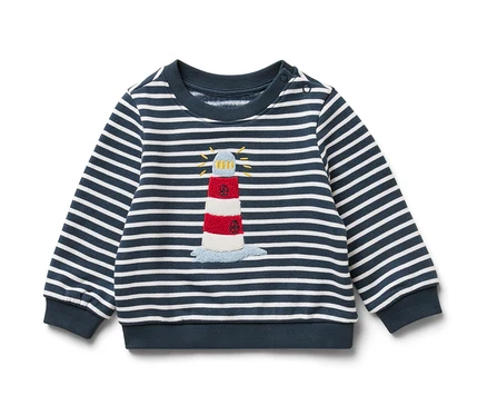 Deniz feneri aplikeli, çizgili bebek sweatshirt.