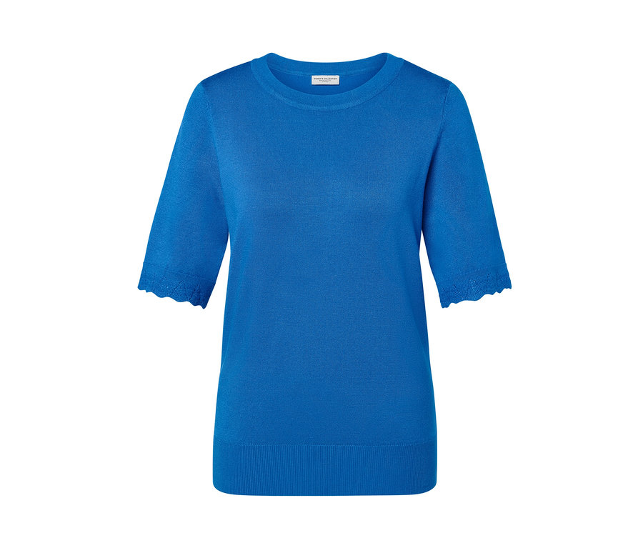 Kobalt mavisi, ince örgü, kısa kollu kazak.