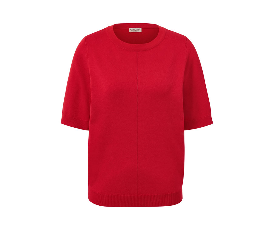 Kırmızı, ince örgülü, kısa kollu kazak.