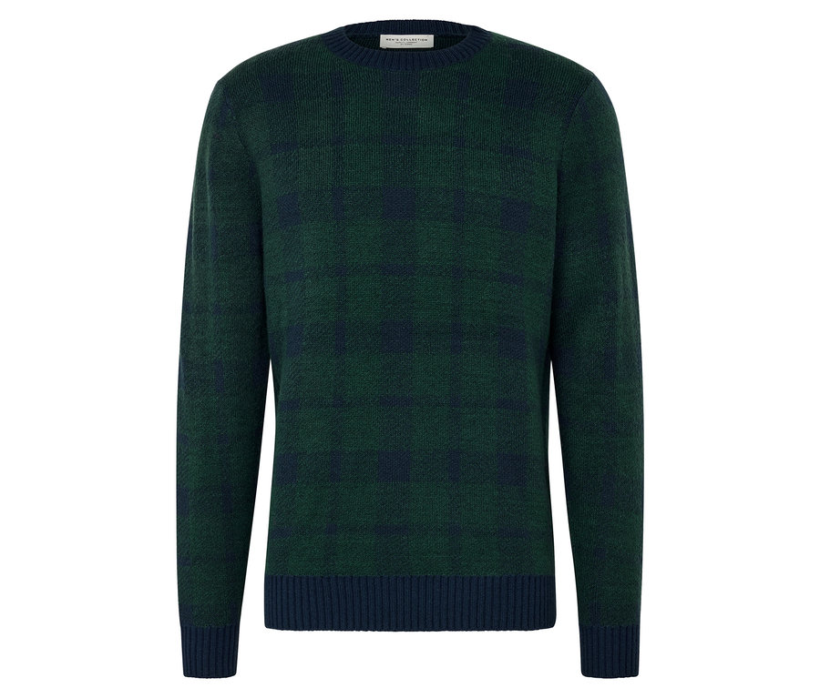 Etek ve manşetlerde lacivert detayları olan yeşil örgü kazak.