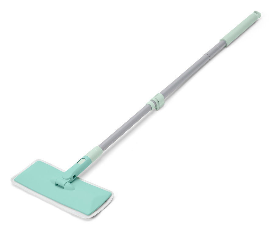 Teleskopik saplı ve beyaz temizleme pedli yeşil paspas.