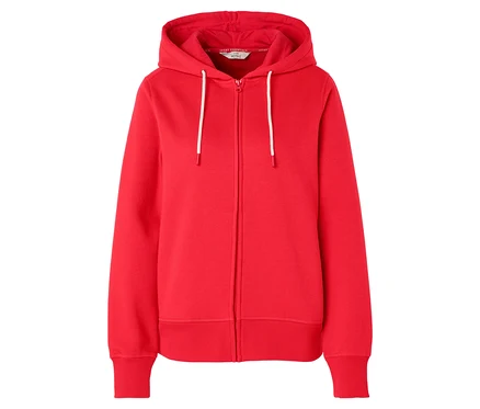 Beyaz ipli kırmızı kapüşonlu sweatshirt.