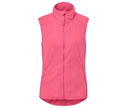 Önü fermuarlı ve dik yakalı pembe polar yelek.