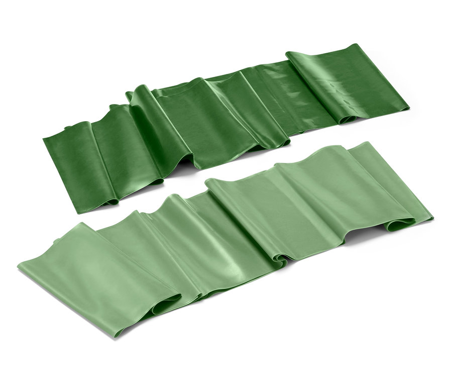 Beyaz bir arka planda iki adet yeşil renkli egzersiz bandı bulunmaktadır.