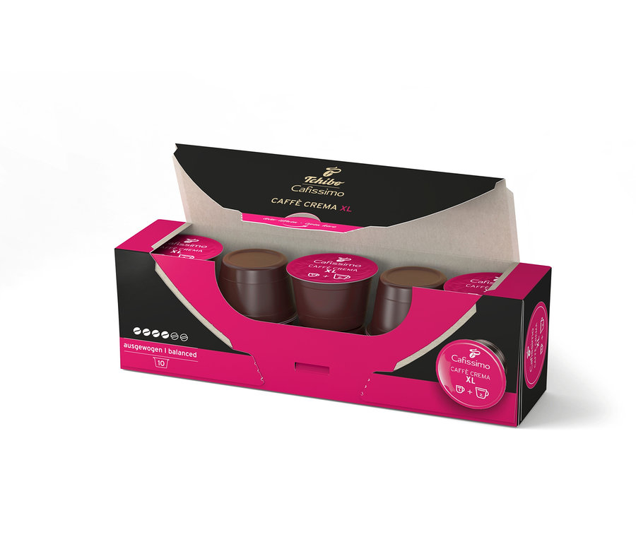 Açılmış bir kutu Cafissimo Caffè Crema XL kahve kapsülü.