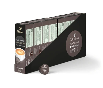 Bir paket Cafissimo Caffè Crema kapsülü görülüyor. Ambalajda bir fincan kahve resmi var.