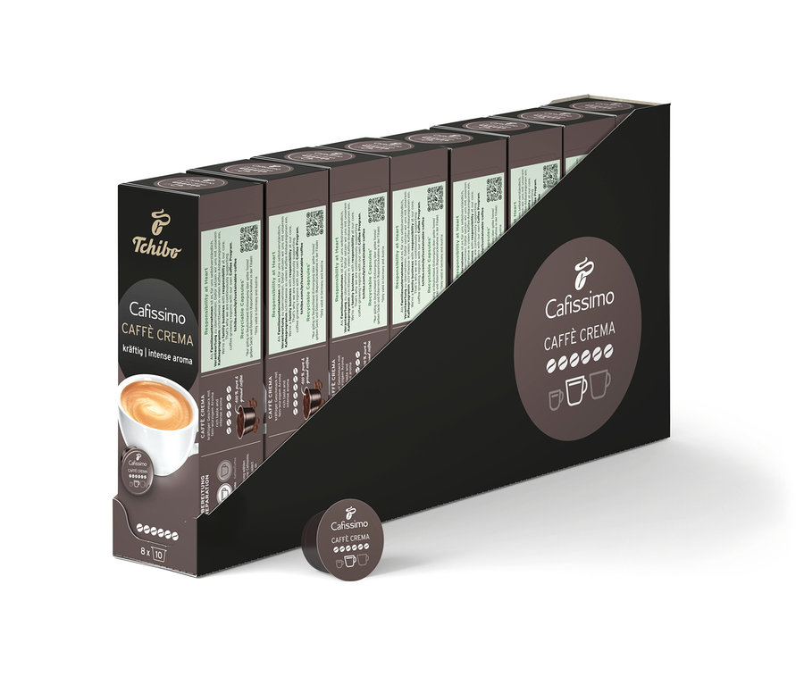 Bir paket Cafissimo Caffè Crema kapsülü görülüyor. Ambalajda bir fincan kahve resmi var.