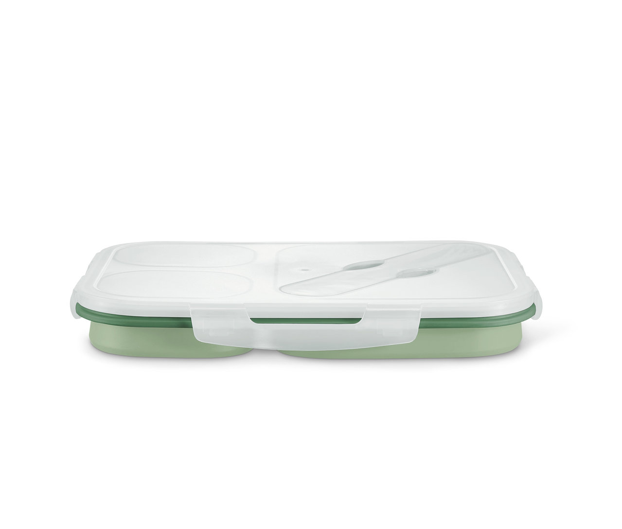 Yeşil tabanlı ve şeffaf kapaklı katlanabilir yemek kutusu.