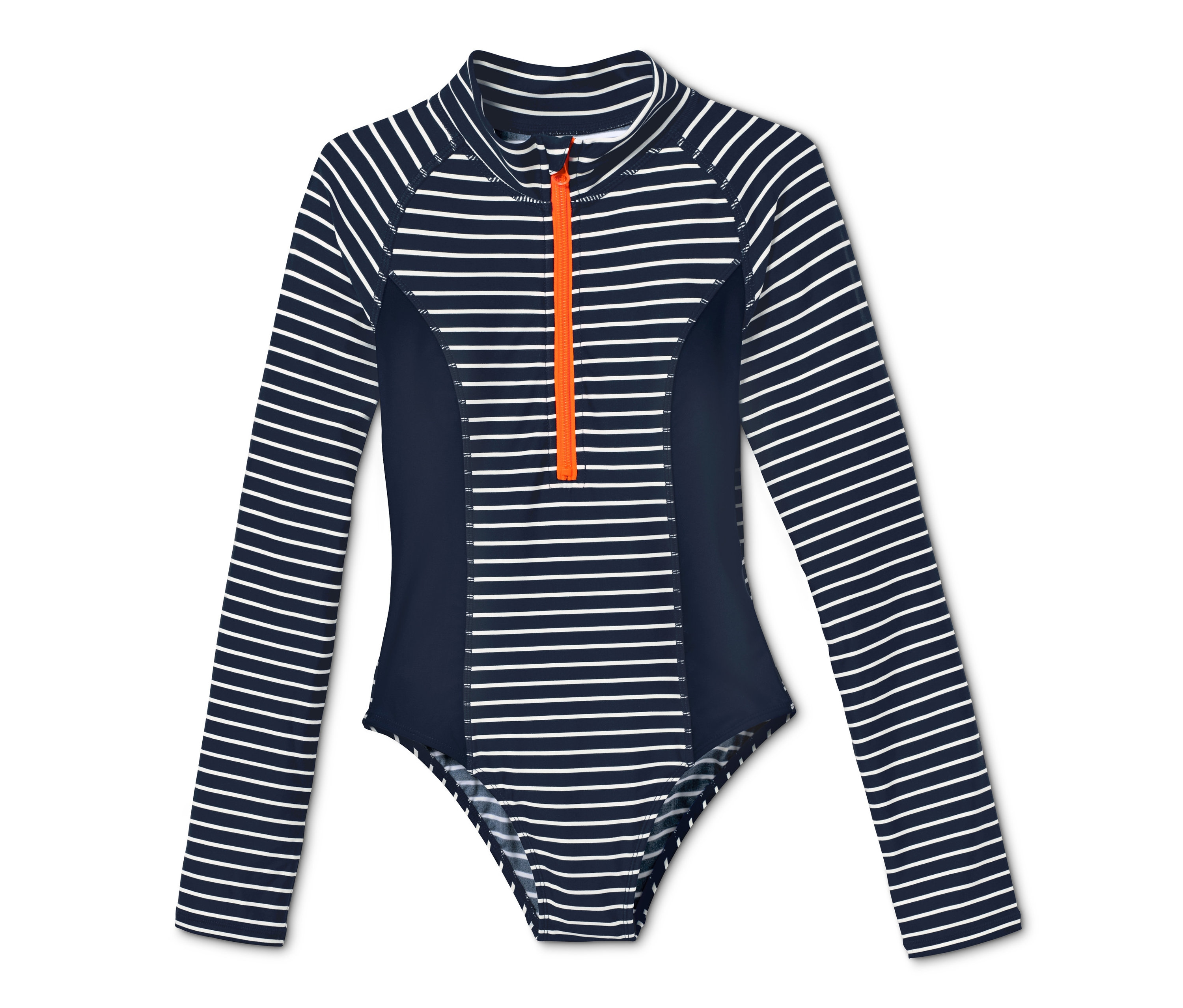 Mavi ve beyaz çizgili, turuncu fermuarlı, uzun kollu tek parça mayo detayı.