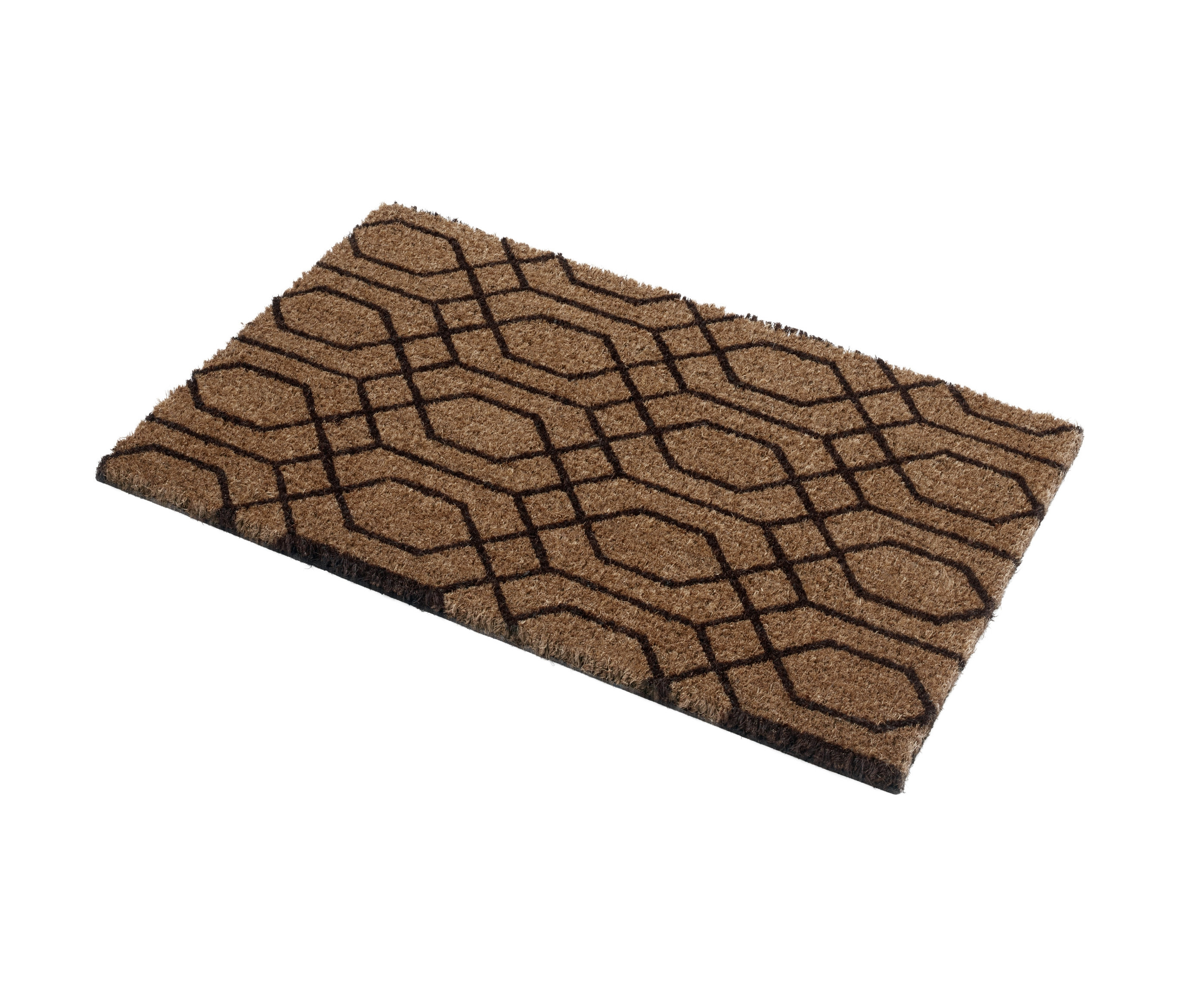 Geometrik desenli kahverengi bir Hindistan cevizi paspası.