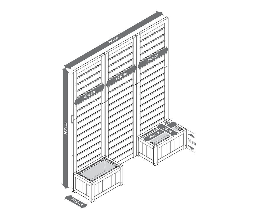 Ölçüleri belirtilmiş, saksılı iki adet »Tinus« paravan çizimi.