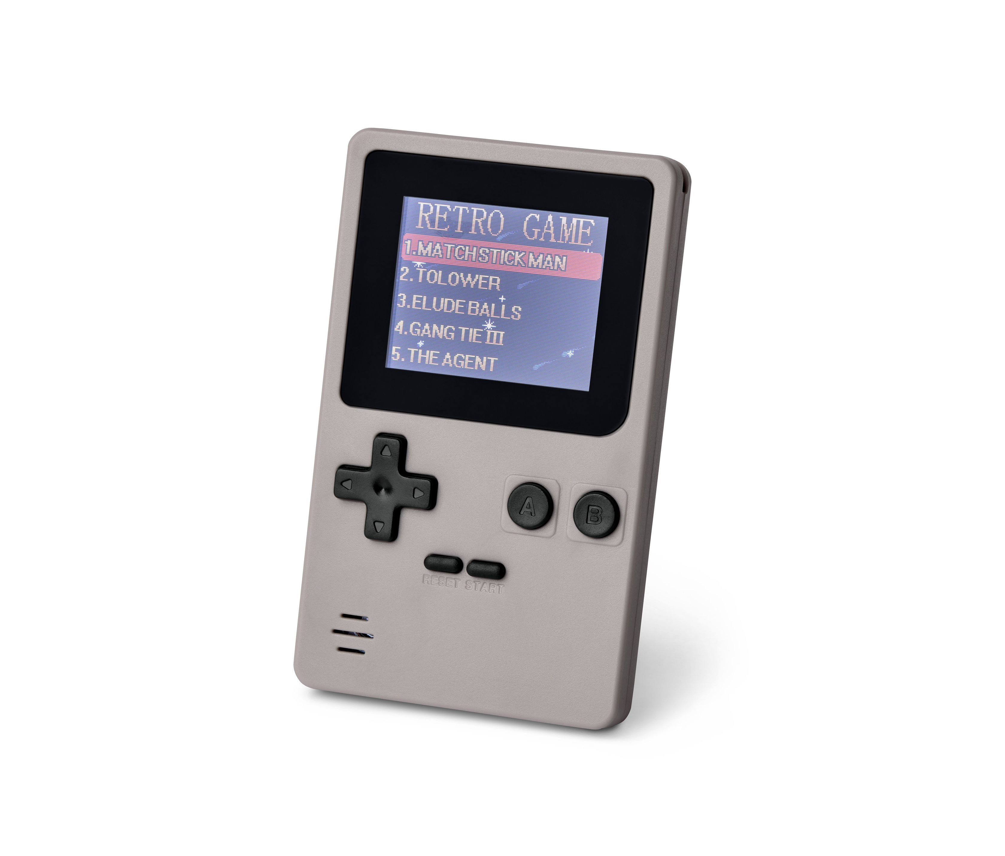 Oyun menüsünü görüntüleyen bir retro mini oyun konsolunun yakın çekimi.