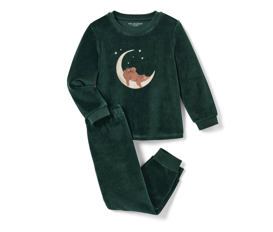 Ay üzerinde ayı deseni olan yeşil çocuk Niki pijama takımı.