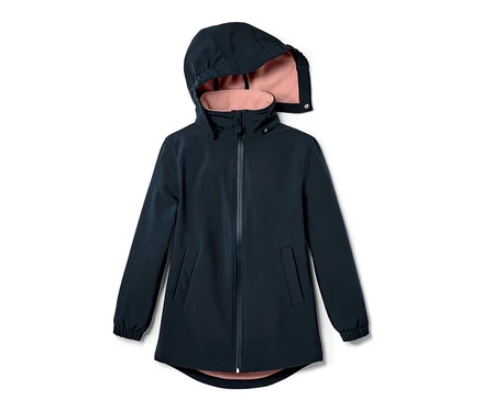 Kapüşonlu ve pembe astarlı lacivert Çocuk Softshell Mont.