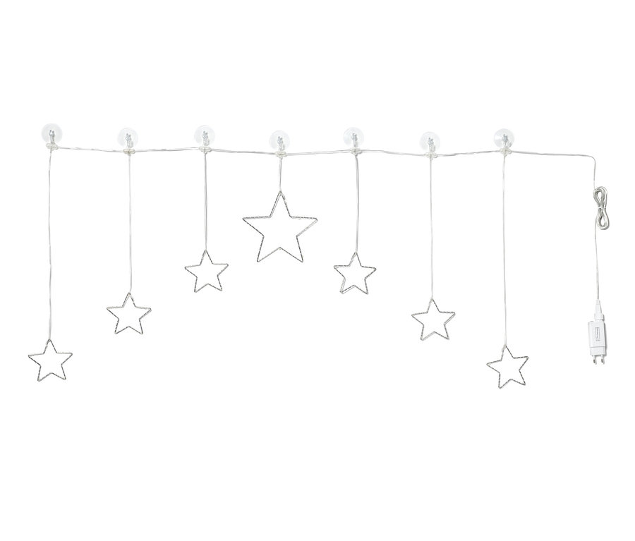 Yıldız şeklinde LED Işık Perdesi şeffaf vantuzlarla asılı duruyor.