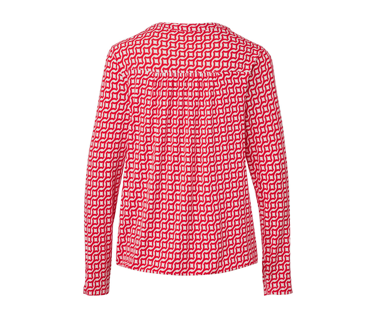 Kırmızı baskılı bluzun arka görünümü.