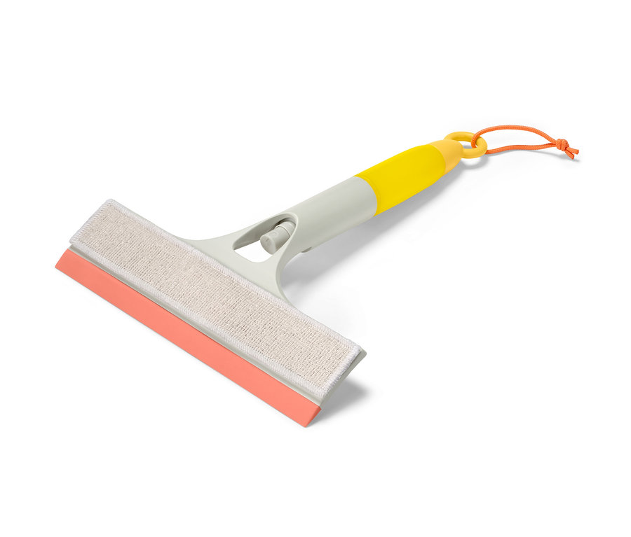 Turuncu lastik şeritli, bej bezli ve sarı saplı 3'ü 1 arada cam silici.
