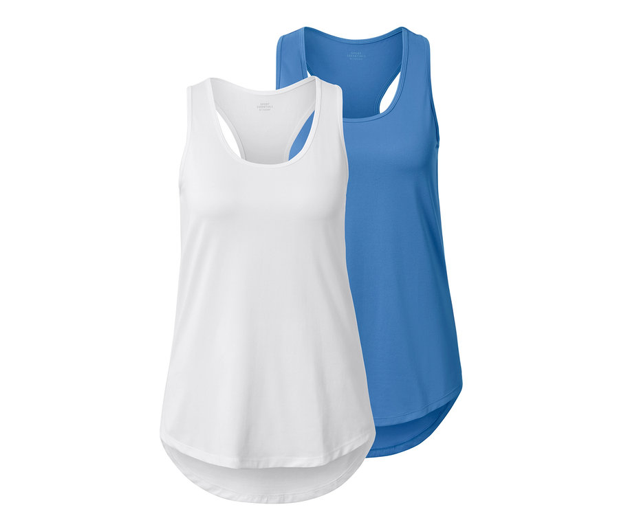 İki adet fonksiyonel atlet, biri beyaz ve biri gök mavisi.