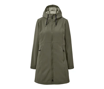 Haki renkli, kapüşonlu, fermuarlı softshell mont.