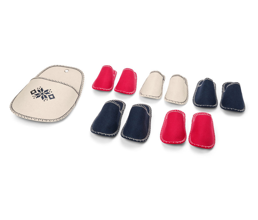 İşlemeli örgü iğnesi kutusu, yanında kırmızı, krem ve mavi örgü iğnesi koruyucu seti.