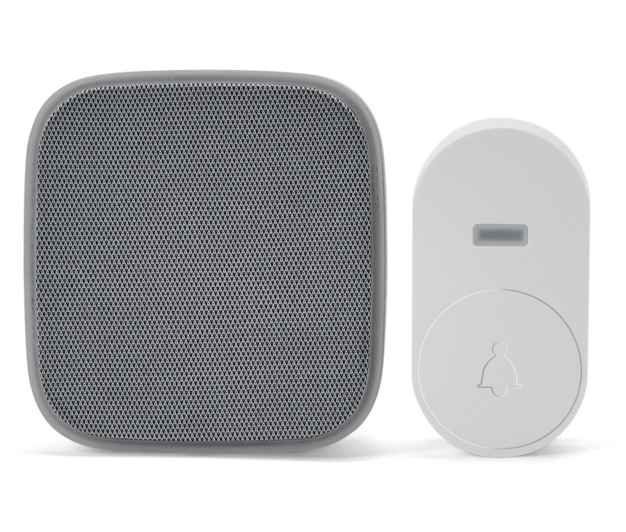 Beyaz bir arka planda gri bir Funktürklingel kablosuz zil ve beyaz bir zil düğmesi.