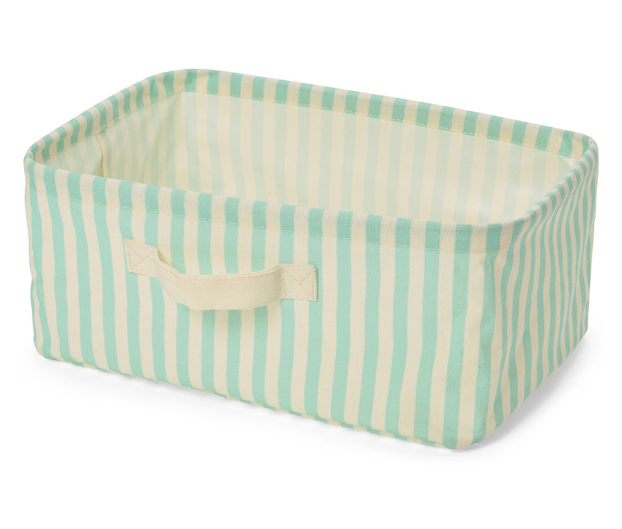 Mavi ve beyaz şeritli, kumaş saplı dikdörtgen saklama sepeti.
