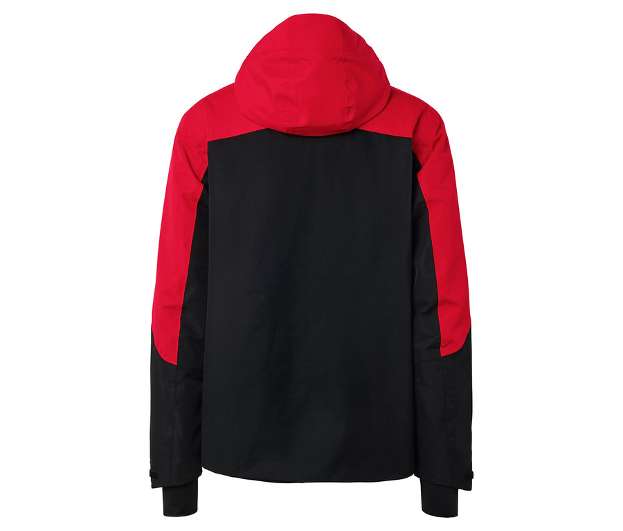 Siyah bir ceketin kırmızı kapüşonlu ve kollu arka görünümü.