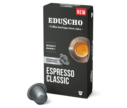 Bir paket Eduscho Espresso Classic Kapsül Kahve, tek bir kapsülün yanında duruyor.
