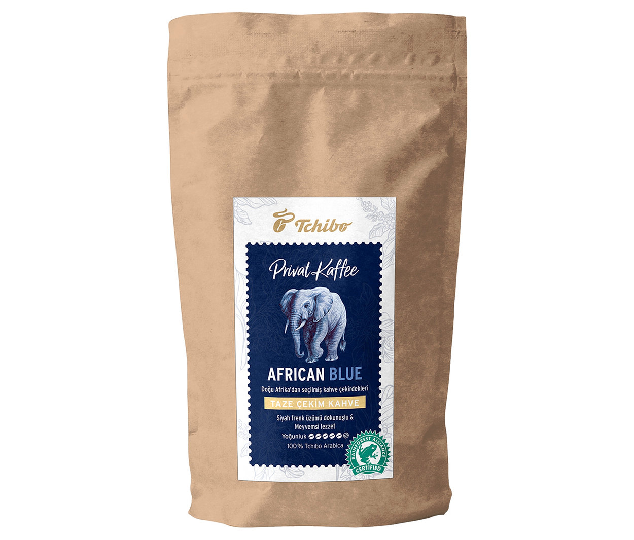 Tchibo Privat Kaffee African Blue kahvesinin kahverengi ambalajı.