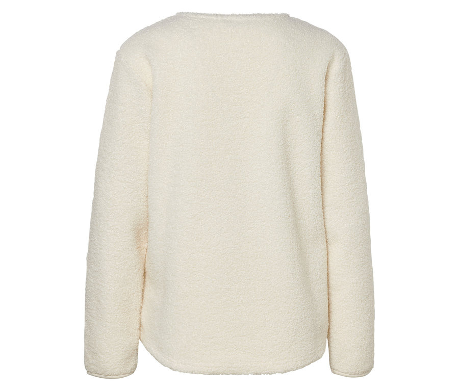 Krem rengi, uzun kollu bir polar sweatshirt'ün arka detay görünümü.