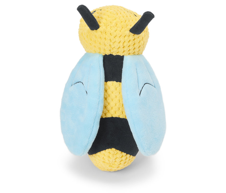 Siyah çizgili ve mavi kanatlı sarı peluş arı.