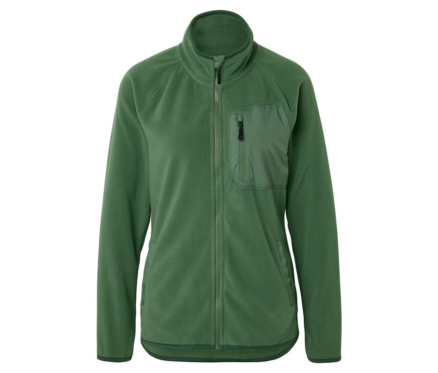 Tamamı fermuarlı ve fermuarlı göğüs cepli yeşil polar ceket.