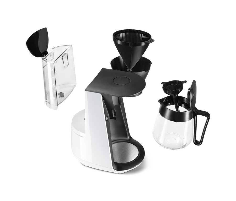 Beyaz »Let's Brew« Filtre Kahve Makinesi, çıkarılabilir parçalarla birlikte.